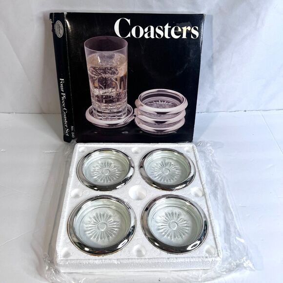Four Piece Silverplated and Crystal Coaster Set Leonard Silver Mfg w Box Decor - Picture 1 of 10
